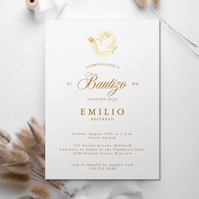 Invitation Mi Bautizo Gold Dove espagnol Baptême (Mi Bautizo Gold Dove Spanish Baptism Invitation)