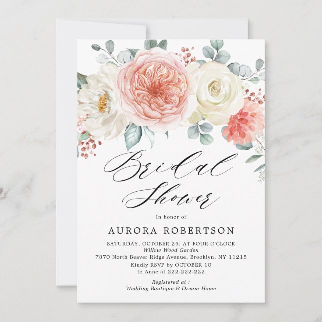 Invitation Mi-été Peach Pastel Fête des mariées florale rose (Devant)