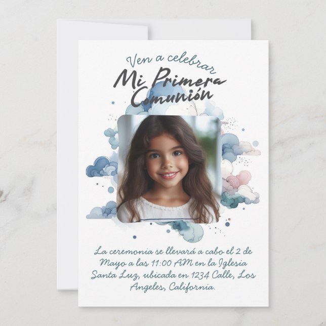 Invitation Mi Primera Comunión con foto Spanish Aquarelle (Devant)