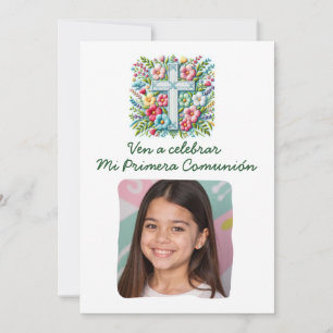 Invitation Mi Primera Comunión Cruz & Flores con foto