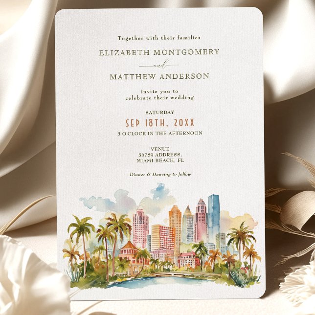 Invitation Miami Beach Destination avec Watercolor Skyline (Créateur téléchargé)