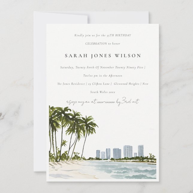 Invitation Miami Floride Aquarelle Palm Paysage Anniversaire (Devant)