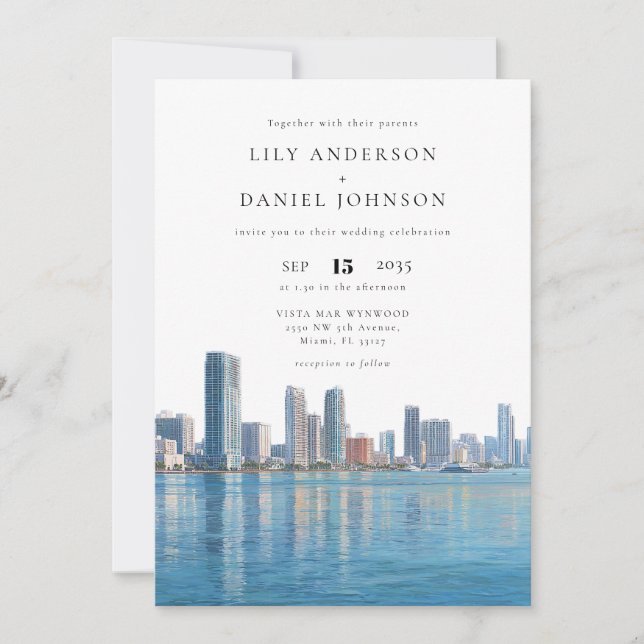 Invitation Miami Skyline Watercolor Elegant Wedding (Devant)