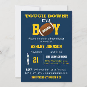Invitation Michigan Blue Yellow Football Thème Baby shower