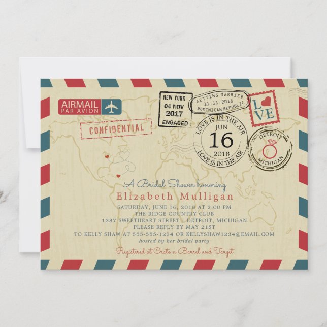 Invitation Michigan World Traveler Airmail Fête des mariées (Devant)