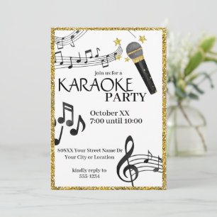 Invitation Micro doré pailleté notes de musique karaoké fête