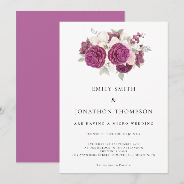 Invitation Micro Mariage Bourgogne Floral Rose rose (Devant / Derrière)