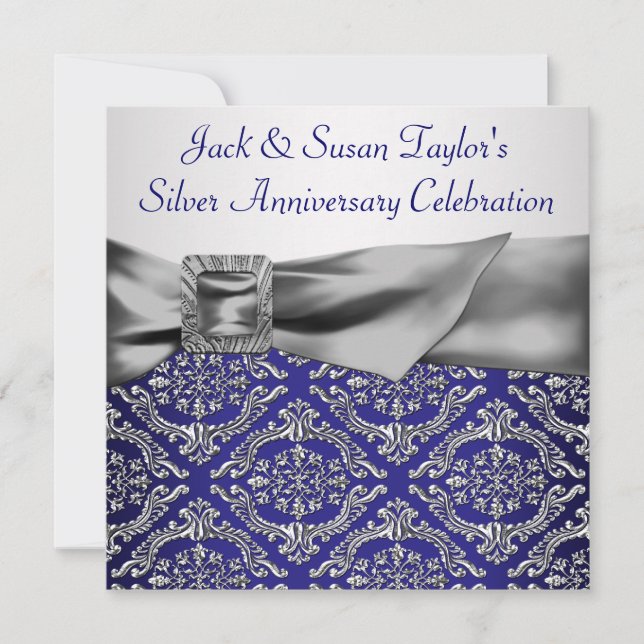 Invitation Midnight Blue Silver Damask 25e anniversaire fête (Devant)