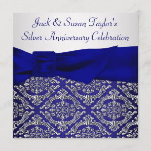 Invitation Midnight Blue Silver Damask 25e anniversaire fête