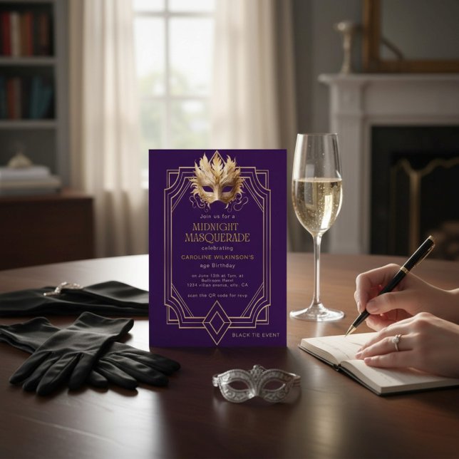 Invitation Midnight Masquerade Gold Feather Mask Purple (Créateur téléchargé)