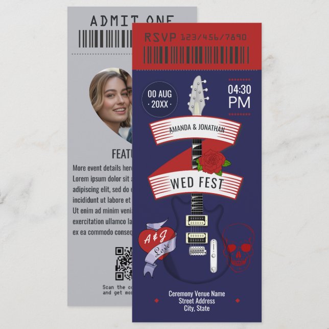 Invitation Midnight Riot Rock ’n’ Roll Wedding Ticket (Devant / Derrière)