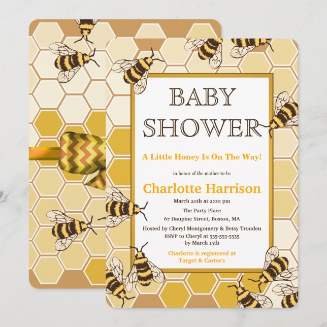 Invitation Miel abeilles et peigne de miel Baby shower neutre (Devant / Derrière)