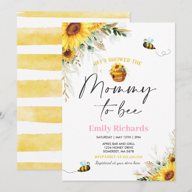Invitation Miel Bee Baby shower Tournesol Maman À Être (Devant / Derrière)