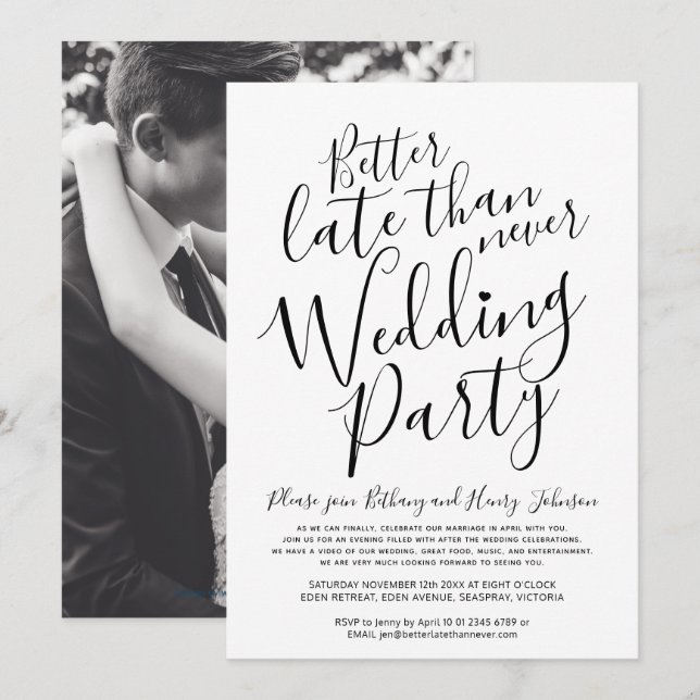 Invitation Mieux vaut tard que jamais la fête de mariage mono (Devant / Derrière)