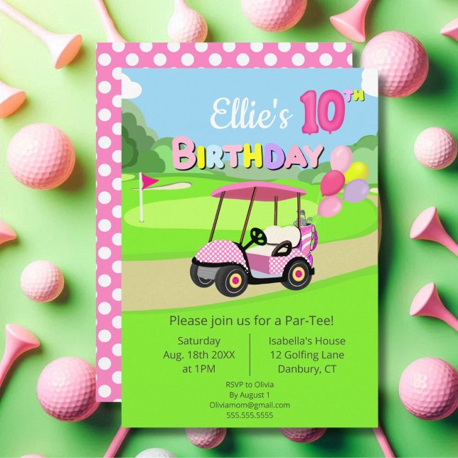 Invitation Mignon 10e anniversaire Polka Dot Rose Girly Golf (Créateur téléchargé)