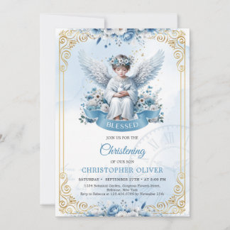 Invitation mignon ange bleu fleurs or cadre garçon baptême