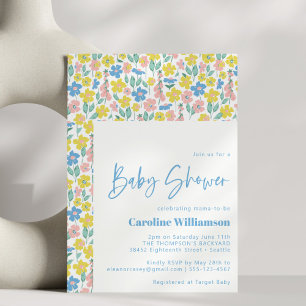 Invitation Mignon Baby Shower Floral Vintage Bleu Jaune