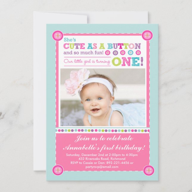 Invitation Mignon comme premier anniversaire de bouton (Devant)