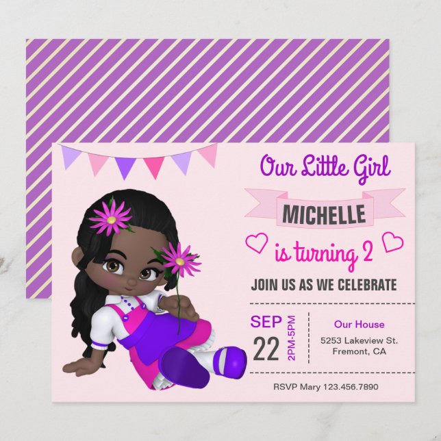 Invitation mignon de fête d'anniversaire de fille (Devant / Derrière)