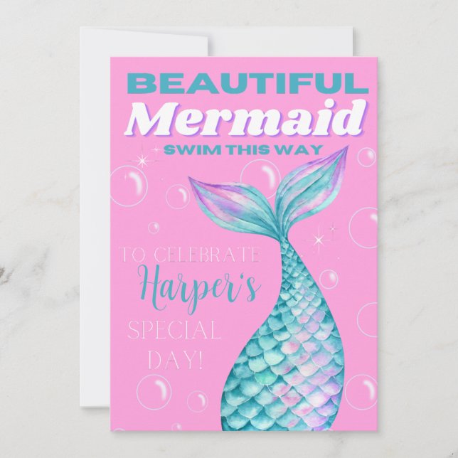 Invitation Mignon éditable sous la mer Sirène fille numérique (Devant)