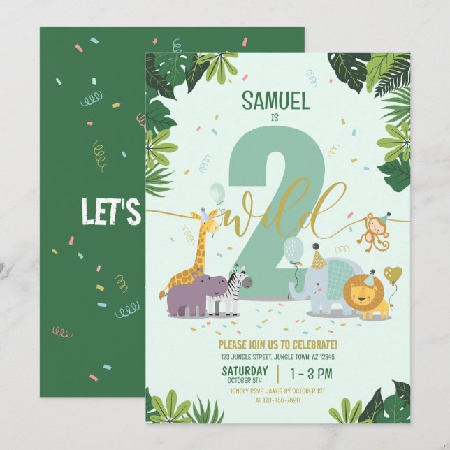 Invitation Mignon Jungle Safari Animaux Deux Anniversaires Sa (Devant / Derrière)