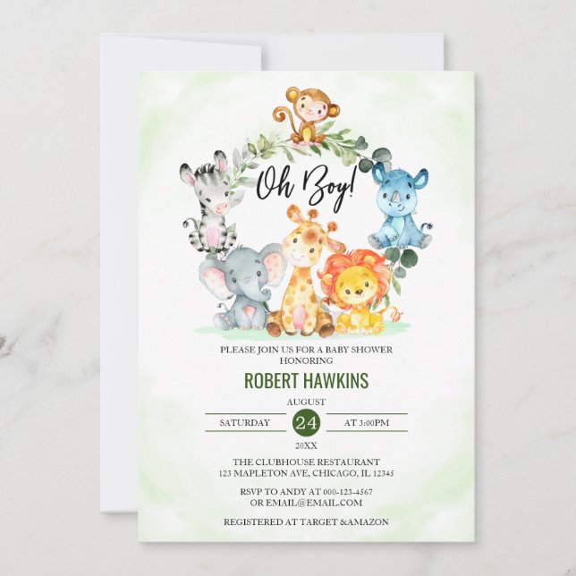 Invitation Mignon Jungle Safari Animaux Oh Baby shower Garçon (Devant)