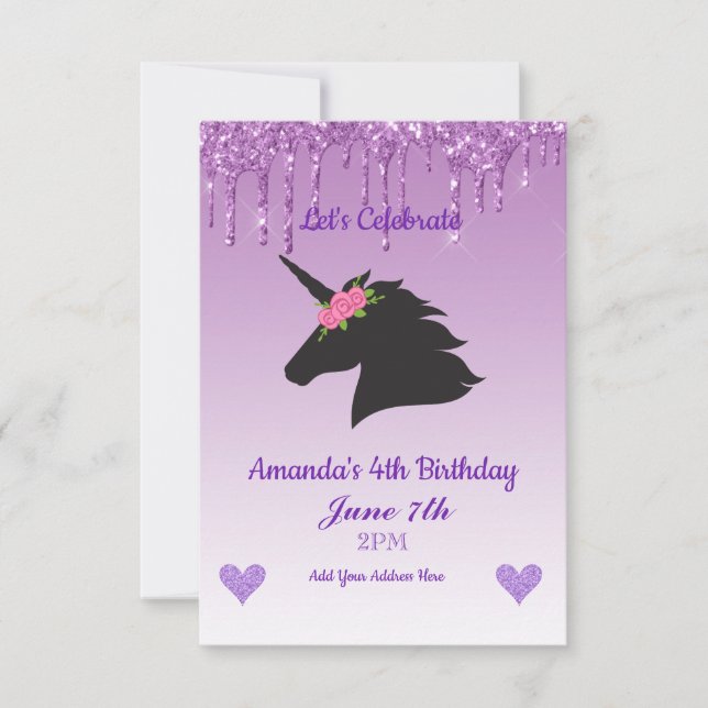 Invitation Mignon licorne florale scintillante violette qui d (Devant)