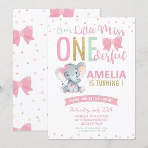 Invitation Mignon Miss ONEderful 1er Anniversaire Eléphant