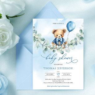 Invitation Mignon ours en peluche avec garçon au ballon bleu