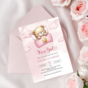 Invitation Mignon ours en peluche endormi C'est une fille Bab