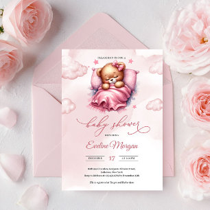 Invitation Mignon ours en peluche rose endormi sur un nuage e