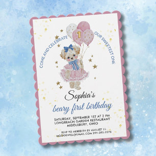 Invitation Mignon ours en peluche rose pour la première fête
