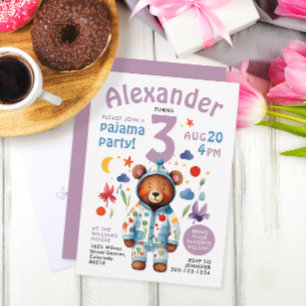 Invitation Mignon Ours Féminin Pyjama Anniversaire Aquarelle