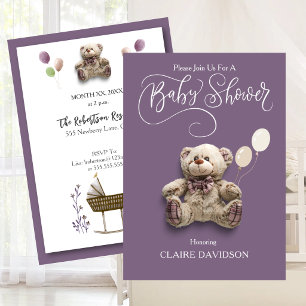 Invitation Mignon Ourson avec Ballons Violet Blanc