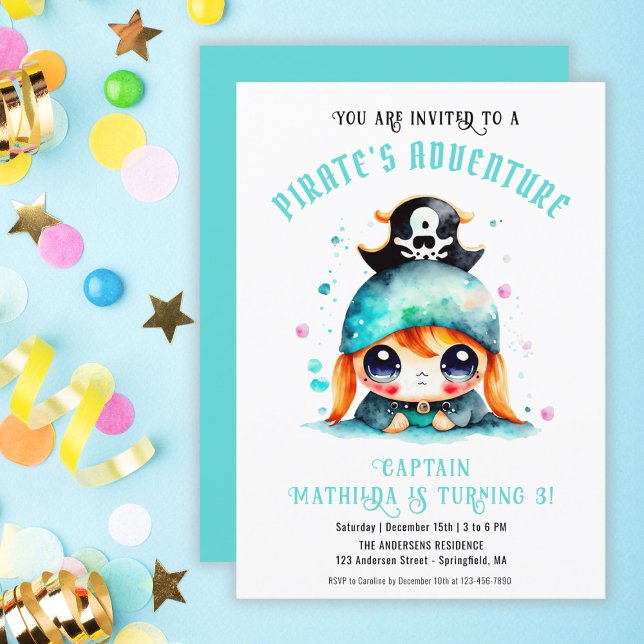 Invitation Mignon Petite fille pirate Turquoise Anniversaire  (Cute Little Pirate Girl Turquoise Birthday Digital Invitation)