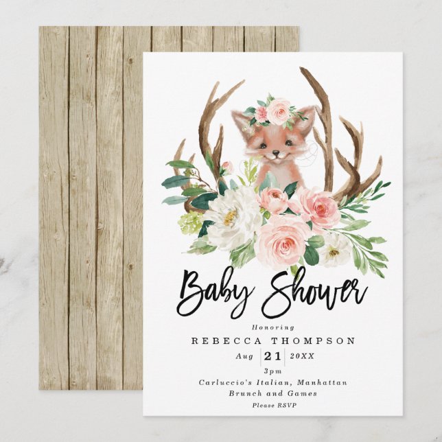 Invitation mignon renard boho baby shower moderne fleuri (Devant / Derrière)