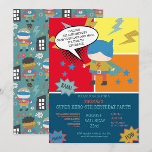 Invitation Mignon super héros Thème de bande dessinée Enfants