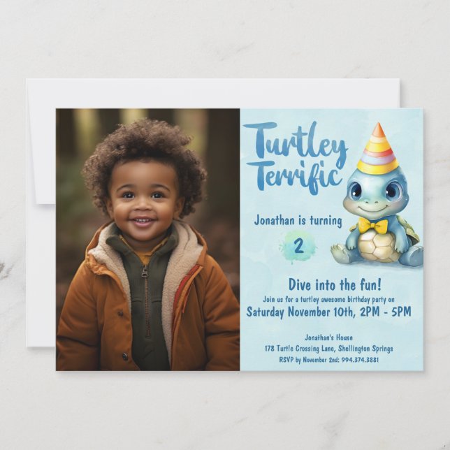 Invitation Mignon tortue photo anniversaire de enfant (Devant)
