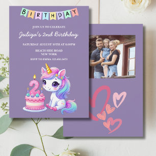 Invitation Mignon unicorne photo de famille violet 2e anniver