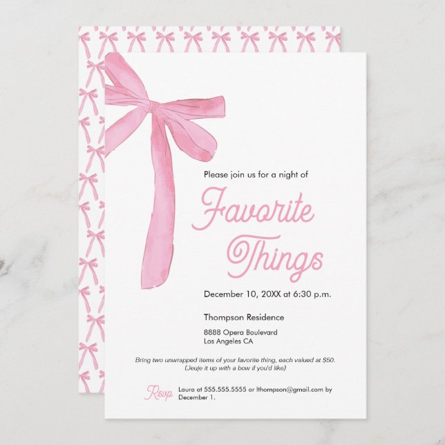 Invitation Mignonette Favoris Party Pink Bow (Devant / Derrière)