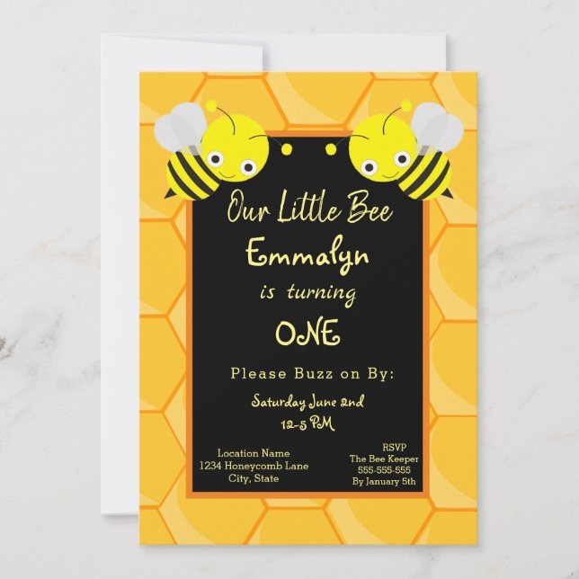 Invitation Mignonne 1er anniversaire Jour de l'abeille Miel (Devant)