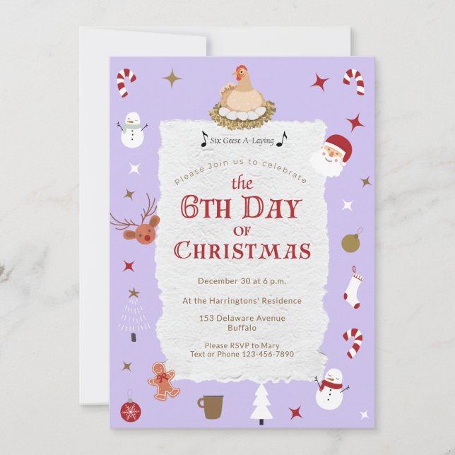 Invitation Mignonne 5e jour de Noël Six oies-Une fête de pont (Devant)