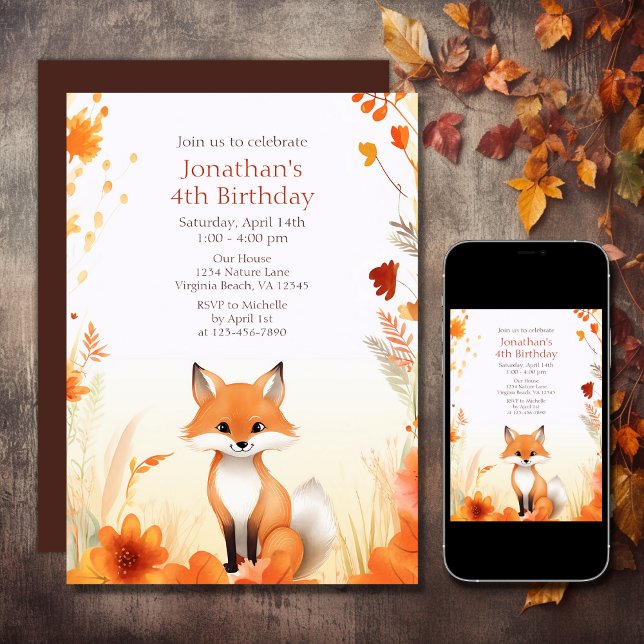 Invitation Mignonne Automne Forêt Fox automne Anniversaire (Printed and Digital - Cute Autumn Woodland Fox Fall Birthday Invitation)