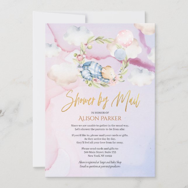 Invitation Mignonne Baby shower de ciel rose à l'ours de bois (Devant)