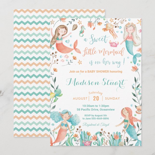 Invitation Mignonne Baby shower de sirène sous la mer bébé fi (Devant / Derrière)