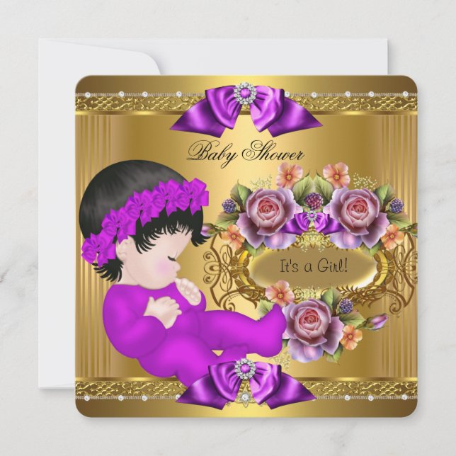Invitation Mignonne Baby shower fille violet rose Roses or (Devant)