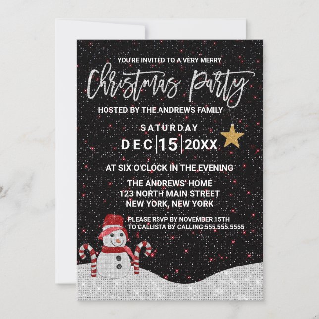 Invitation Mignonne Blanc Rouge Snowman Nuit Ciel Parties sci (Devant)