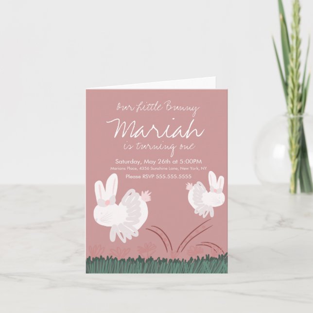 Invitation Mignonne Bunny Pâques 1er Anniversaire Main tirée  (Devant)