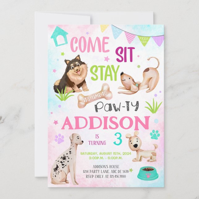 Invitation Mignonne Chien Anniversaire Pawty (Devant)