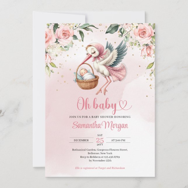 Invitation Mignonne cigogne livrant une petite fille florale (Devant)